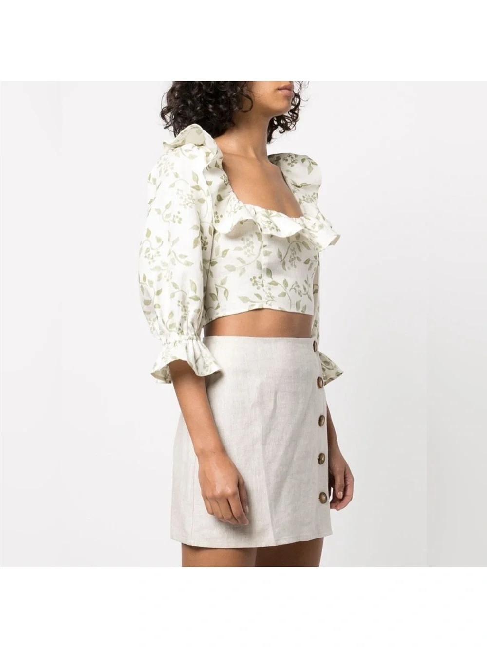 Reformation Edgewater Linen Botanical Floral Ruffle Puff Sleeve Top Size 0